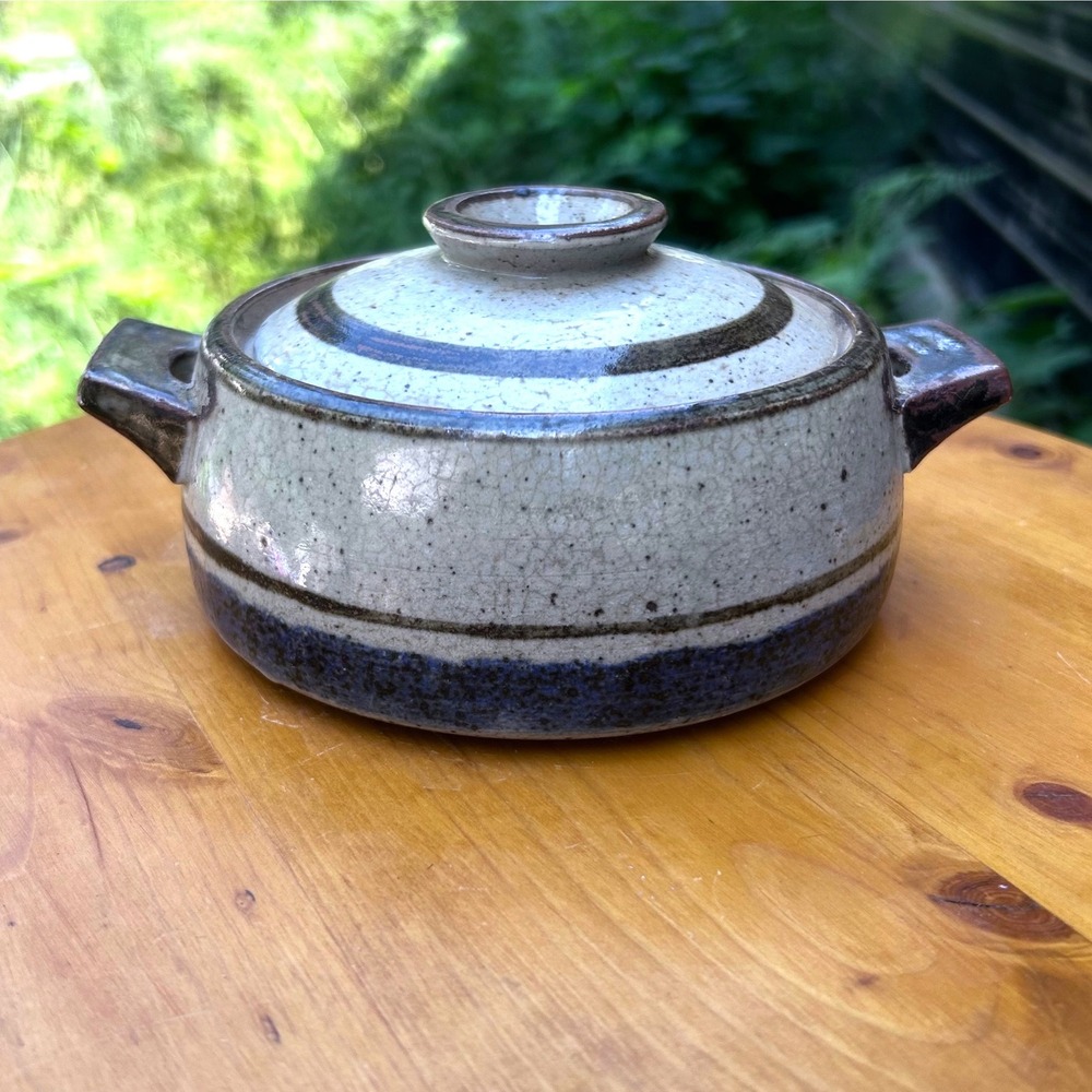 Vintage Stoneware Lidded Casserole Bowl Brown Blue Stripe MCM Otagiri Japan